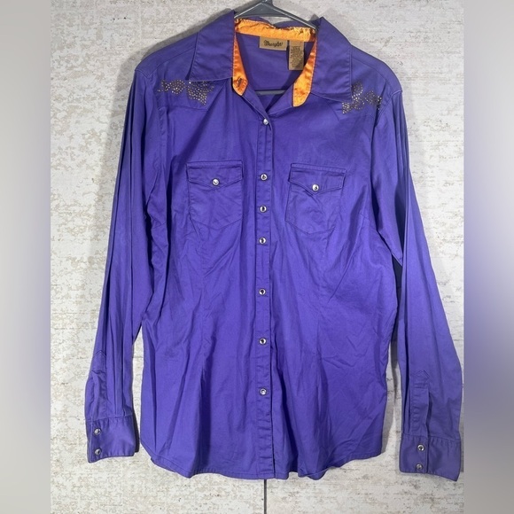 WRANGLER Cowboy Snap Button Up Purple Shirt w/Embellishments Size Large - Picture 1 of 12